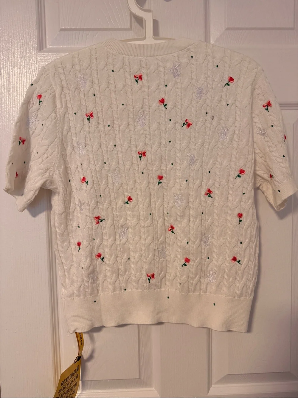 Dior White Short Sleeve Cable Knit Tee with Rose and Pigeon Embroidery - Picture 2 of 8